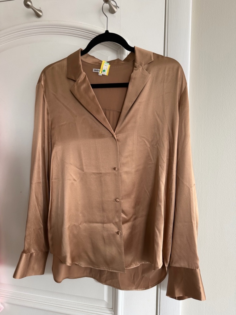Reformation Tan Satin Button-Up Blouse